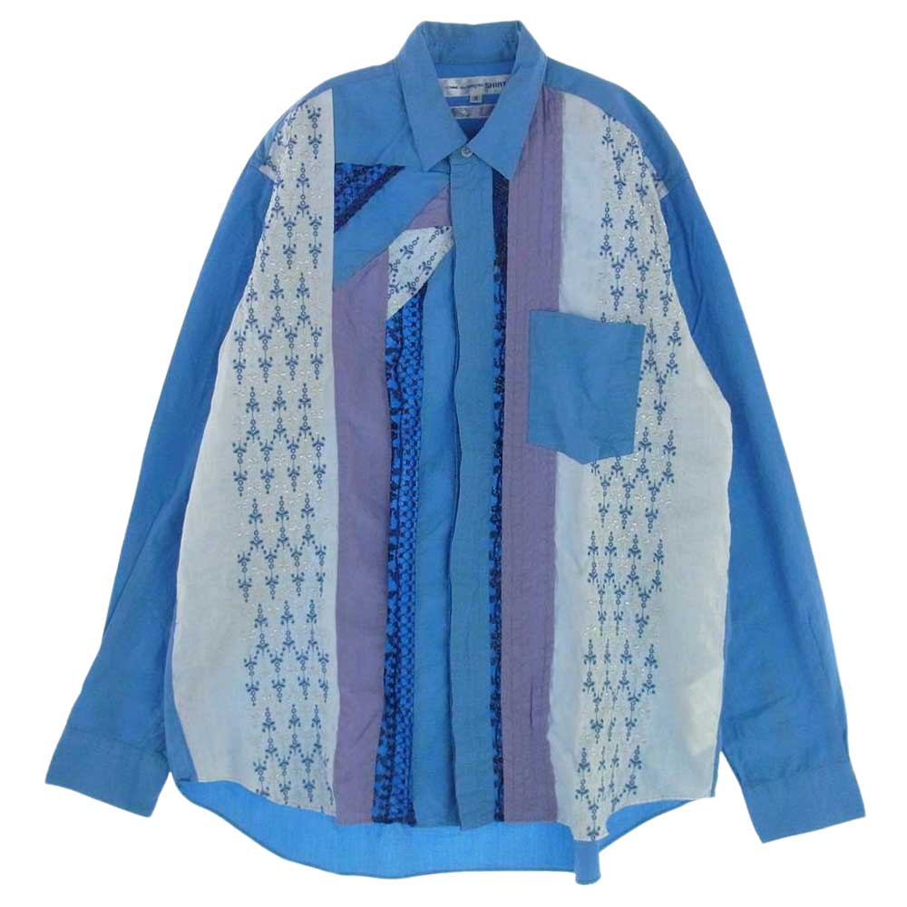 コムデギャルソンシャツ S10068 フランス製 レース切替 パッチワーク 長袖シャツ ブルー系 M【中古】