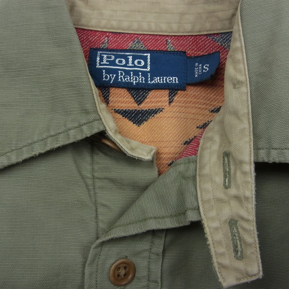RALPH LAUREN ラルフローレン キャンプシャツ ミリタリーシャツ 裏地ネイティブ柄 コットンブランケット カーキ系 S【中古】