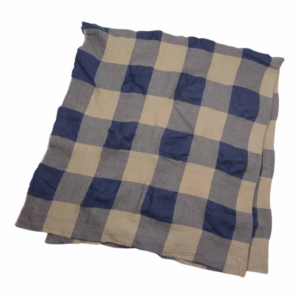 ダニエラ グレジス ブロックチェック ウールリネン 大判ストール ベージュ系 ネイビー系【中古】