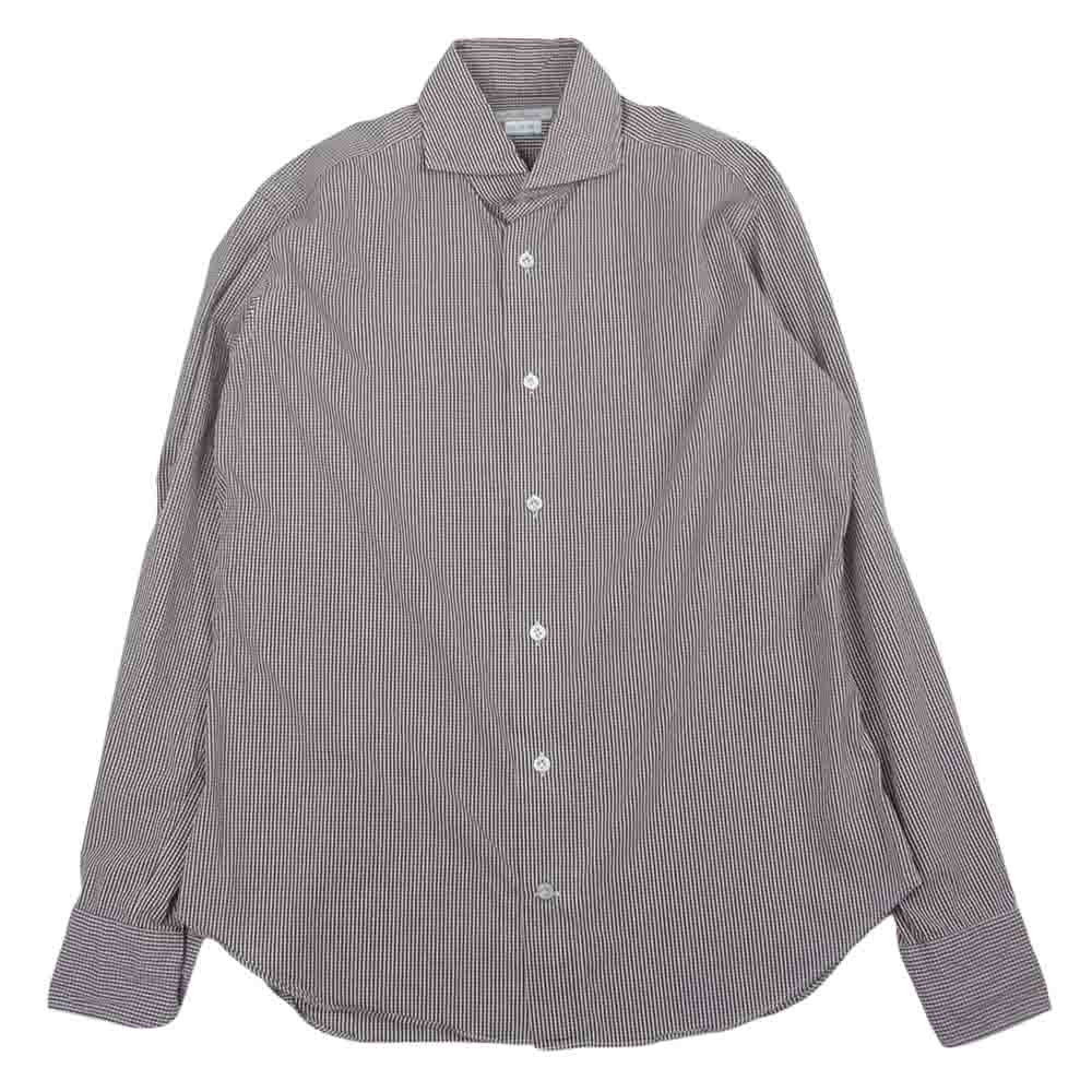 ジャンネット SLIM FIT スリムフィット タルカラー 長袖 ギンガム チェック シャツ ブラウン ブラウン系 40【中古】