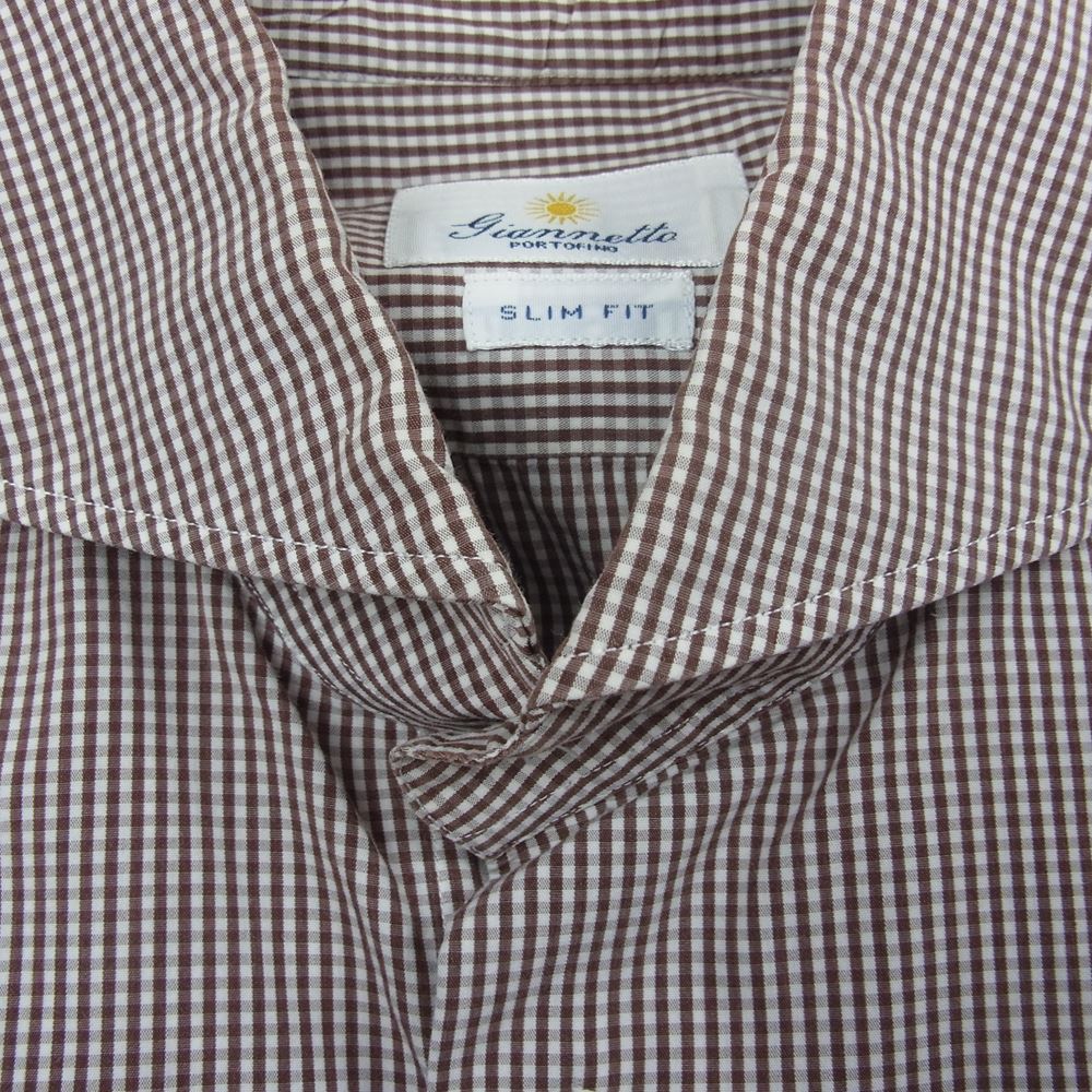 ジャンネット SLIM FIT スリムフィット タルカラー 長袖 ギンガム チェック シャツ ブラウン ブラウン系 40【中古】