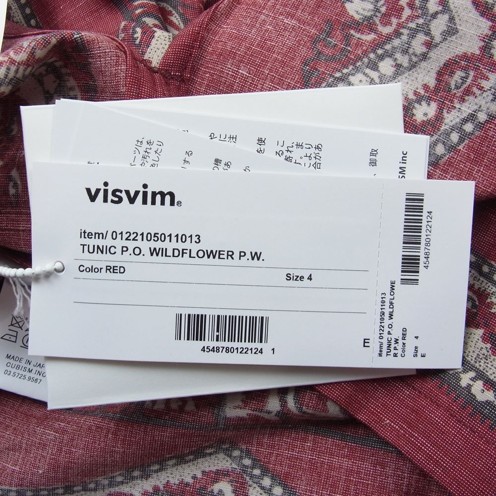 VISVIM ビズビム 22SS 0122105011013 ICT限定 TUNIC P.O. WILDFLOWER P.W. チュニック 花柄 長袖 シャツ レッド系 4【極上美品】【中古】