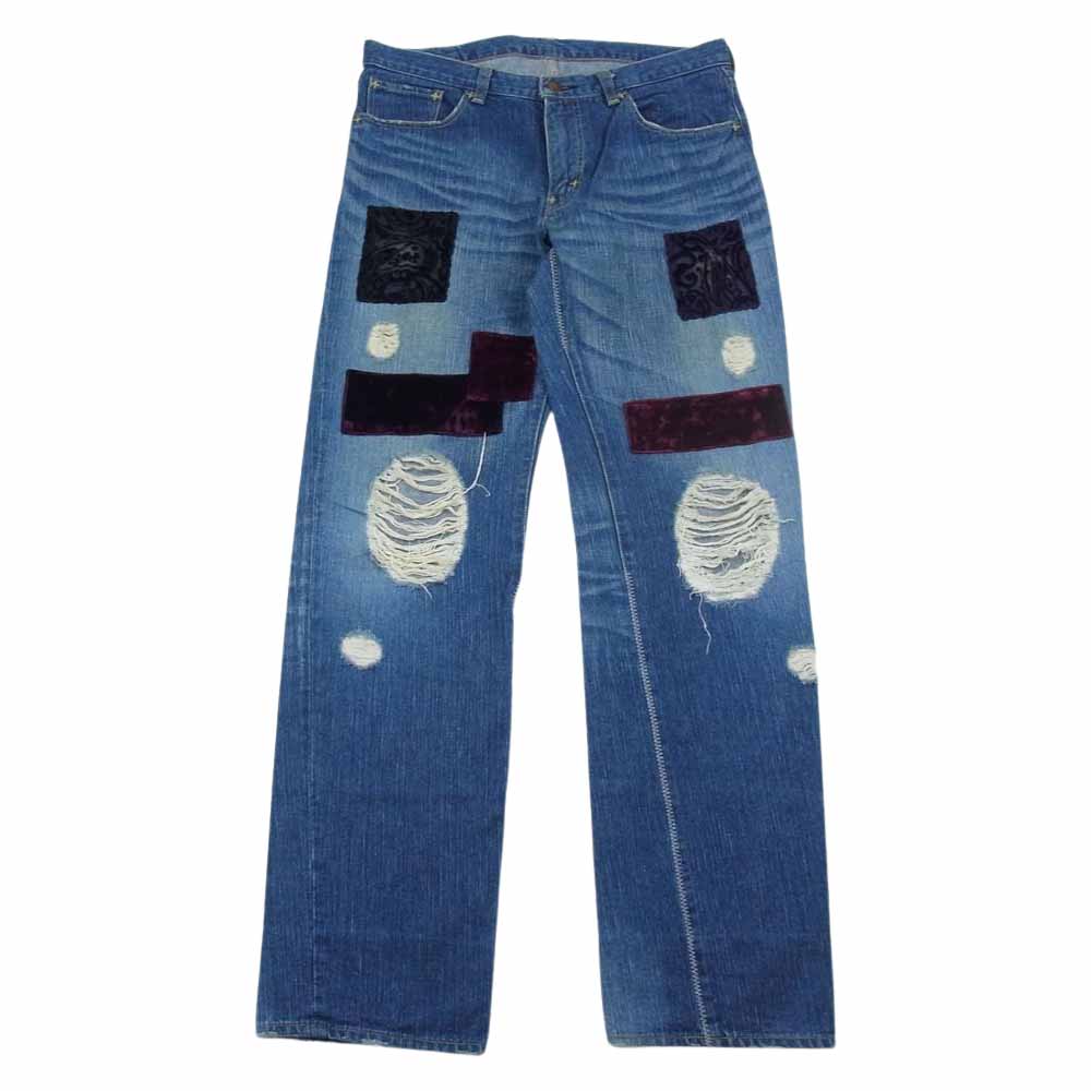 NUMBER(N)INE ナンバーナイン 03AW カート期  ダメージ加工 ペイズリー ベロア パッチワーク デニム パンツ インディゴブルー系 4【中古】