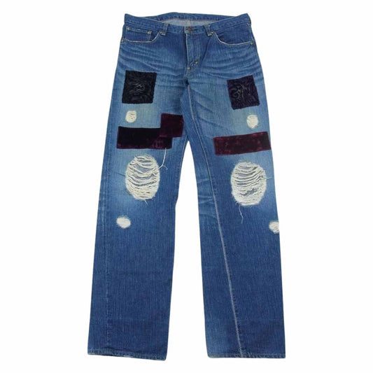 NUMBER(N)INE ナンバーナイン 03AW カート期  ダメージ加工 ペイズリー ベロア パッチワーク デニム パンツ インディゴブルー系 4【中古】