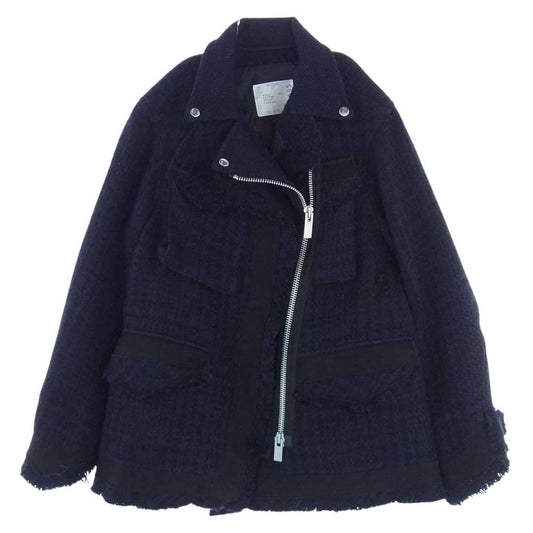 Sacai サカイ 19-04595 Wool Tweed Jacket ウール ツイード ハイブリッド ドッキング レイヤード ライダース ジャケット  ネイビー系 2【中古】