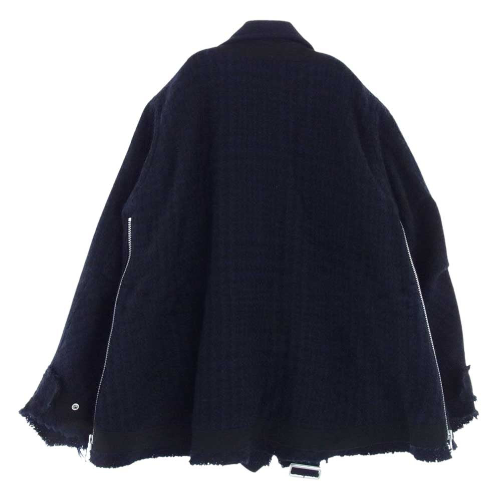 Sacai サカイ 19-04595 Wool Tweed Jacket ウール ツイード ハイブリッド ドッキング レイヤード ライダース ジャケット  ネイビー系 2【中古】