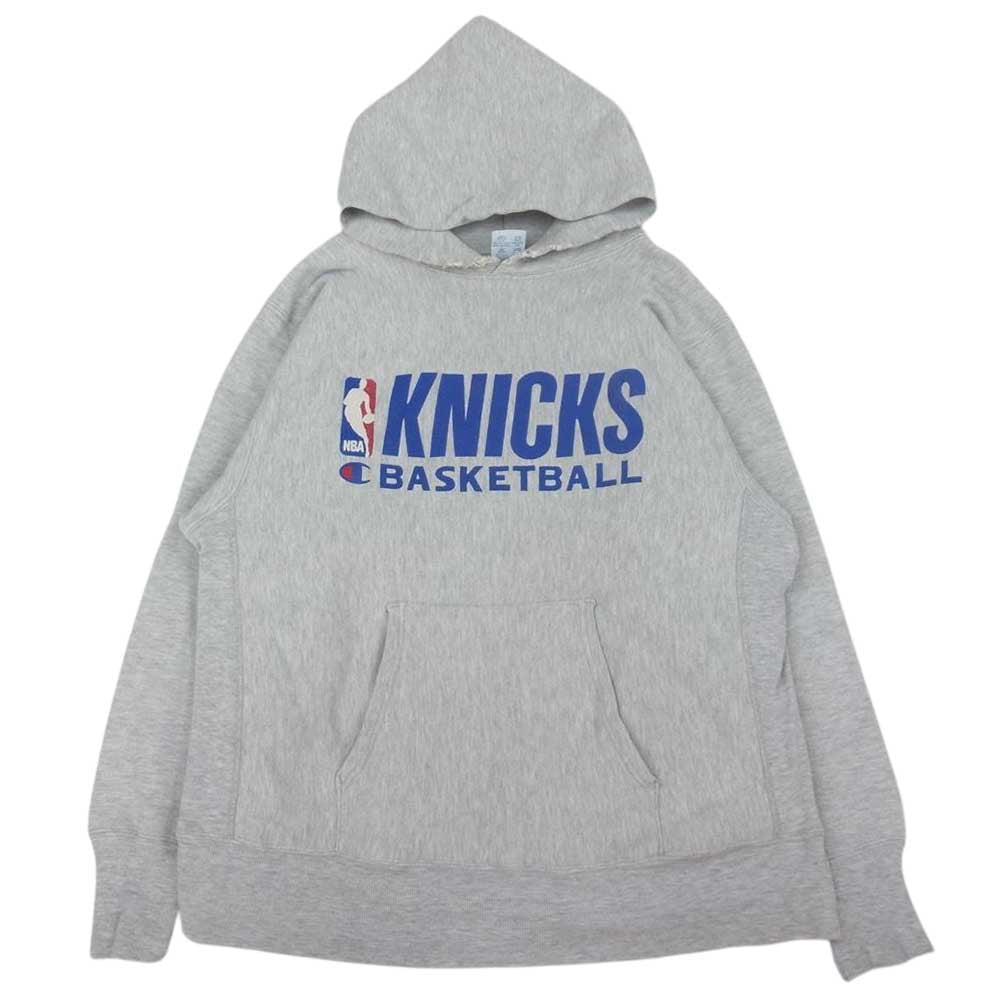 Champion チャンピオン 90s 刺繍タグ KNICKS BASKETBALL プリント リバースウィーブ プルオーバー パーカー グレー系 L【中古】