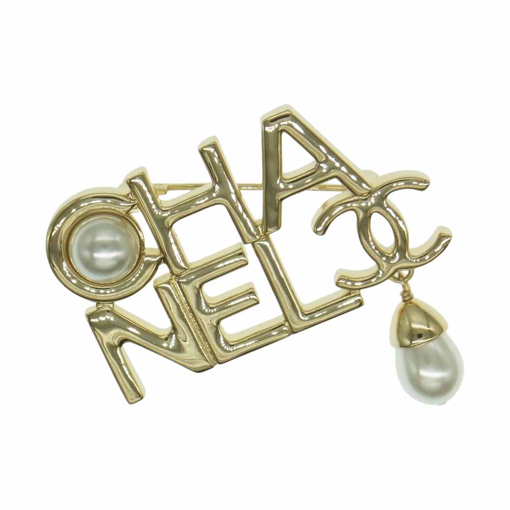 CHANEL シャネル A22P ロゴ パール ブローチ ゴールド系【中古】