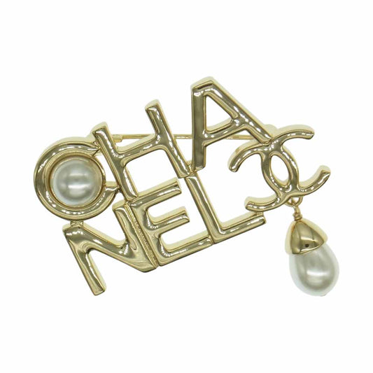 CHANEL シャネル A22P ロゴ パール ブローチ ゴールド系【中古】