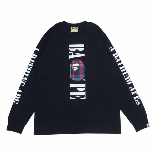 A BATHING APE アベイシングエイプ BAPE Check Bape Logo L/S Tee 長袖 ロンT ブラック系 L【新古品】【未使用】【中古】