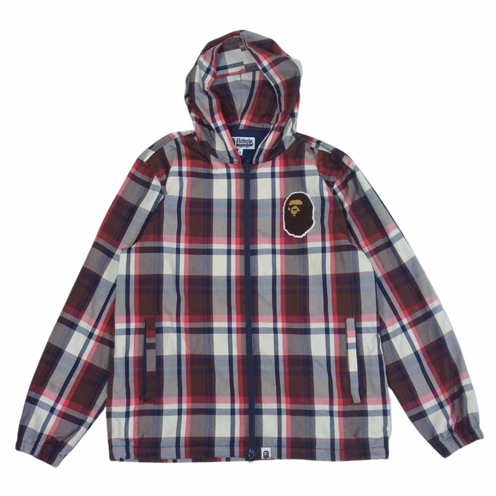 A BATHING APE アベイシングエイプ ロゴワッペン チェック フーデッド ジャケット レッド系 S【中古】