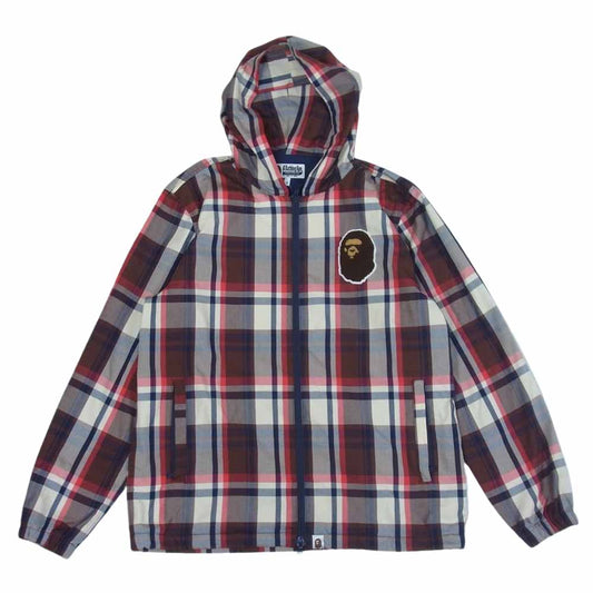 A BATHING APE アベイシングエイプ ロゴワッペン チェック フーデッド ジャケット レッド系 S【中古】