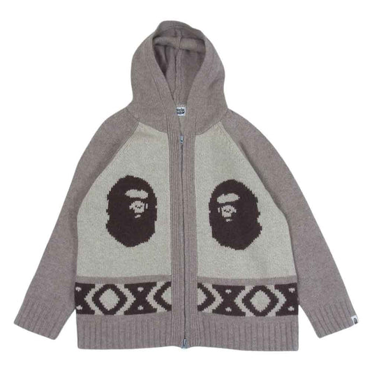 A BATHING APE アベイシングエイプ APE HEAD KNIT ZIP HOODIE ジップフーディー カウチンジャケット ブラウン系 M【中古】