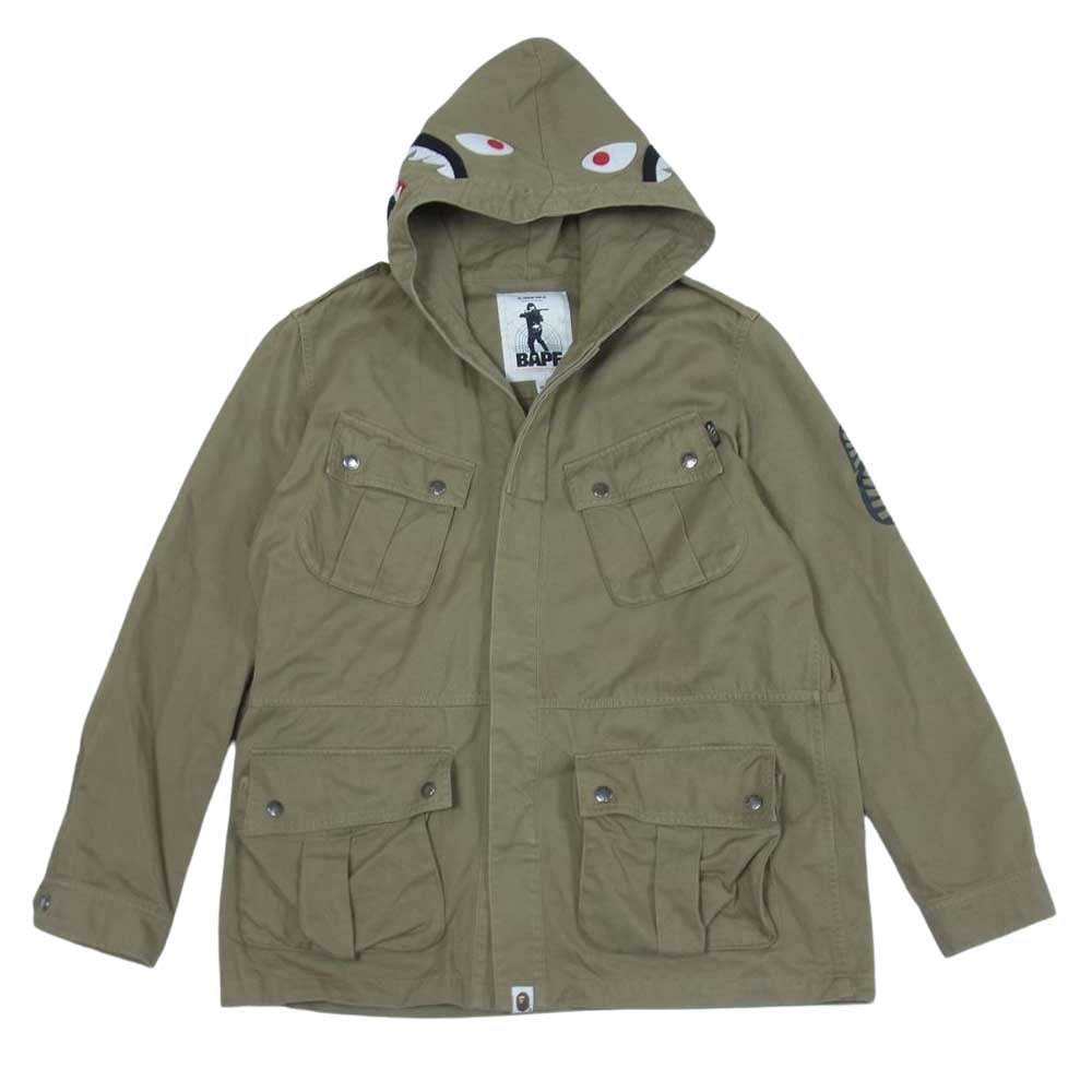 A BATHING APE アベイシングエイプ シャーク パッチ WGM プリント エポレット ミリタリー フード ジャケット ベージュ系 カーキ系 M【中古】
