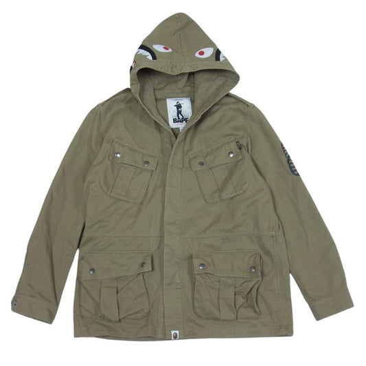 A BATHING APE アベイシングエイプ シャーク パッチ WGM プリント エポレット ミリタリー フード ジャケット ベージュ系 カーキ系 M【中古】
