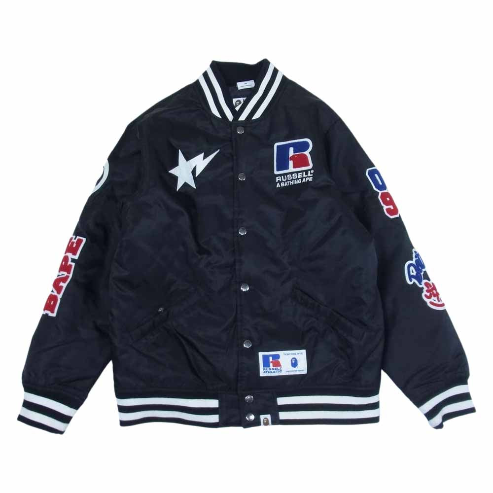 A BATHING APE アベイシングエイプ 001LJG731913X RUSSELL COLLEGE ATHLETIC VARSITY JACKET ラッセル アスレティック パッチワーク スタジアム ジャケット スタジャン  ブラック系 M【中古】