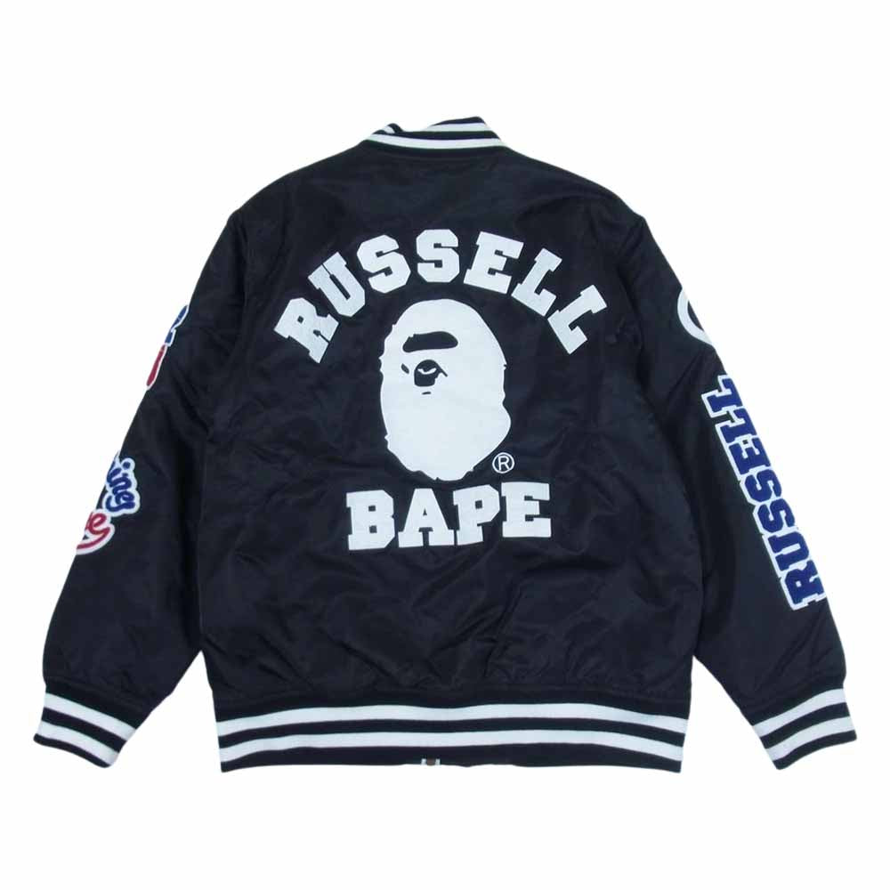A BATHING APE アベイシングエイプ 001LJG731913X RUSSELL COLLEGE ATHLETIC VARSITY JACKET ラッセル アスレティック パッチワーク スタジアム ジャケット スタジャン  ブラック系 M【中古】