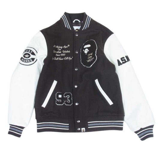 A BATHING APE アベイシングエイプ 22SS  VARSITY JACKET ウール レザー 切替 ロゴ ワッペン スタジアム ヴァーシティ ジャケット スタジャン  ブラウン系 M【美品】【中古】