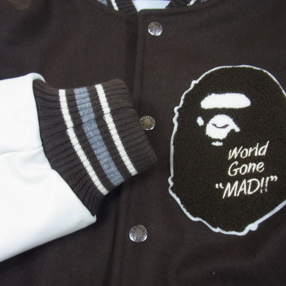 A BATHING APE アベイシングエイプ 22SS  VARSITY JACKET ウール レザー 切替 ロゴ ワッペン スタジアム ヴァーシティ ジャケット スタジャン  ブラウン系 M【美品】【中古】