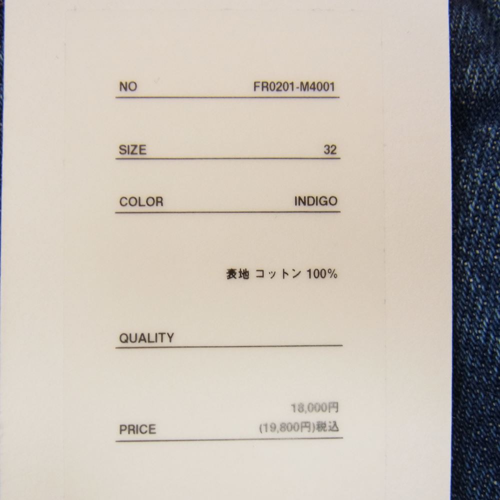 ファーラー FR0201-M4001 Two-tuck Wide Tapered Pants ツータック ワイド テーパード デニム パンツ インディゴ インディゴブルー系 32【中古】