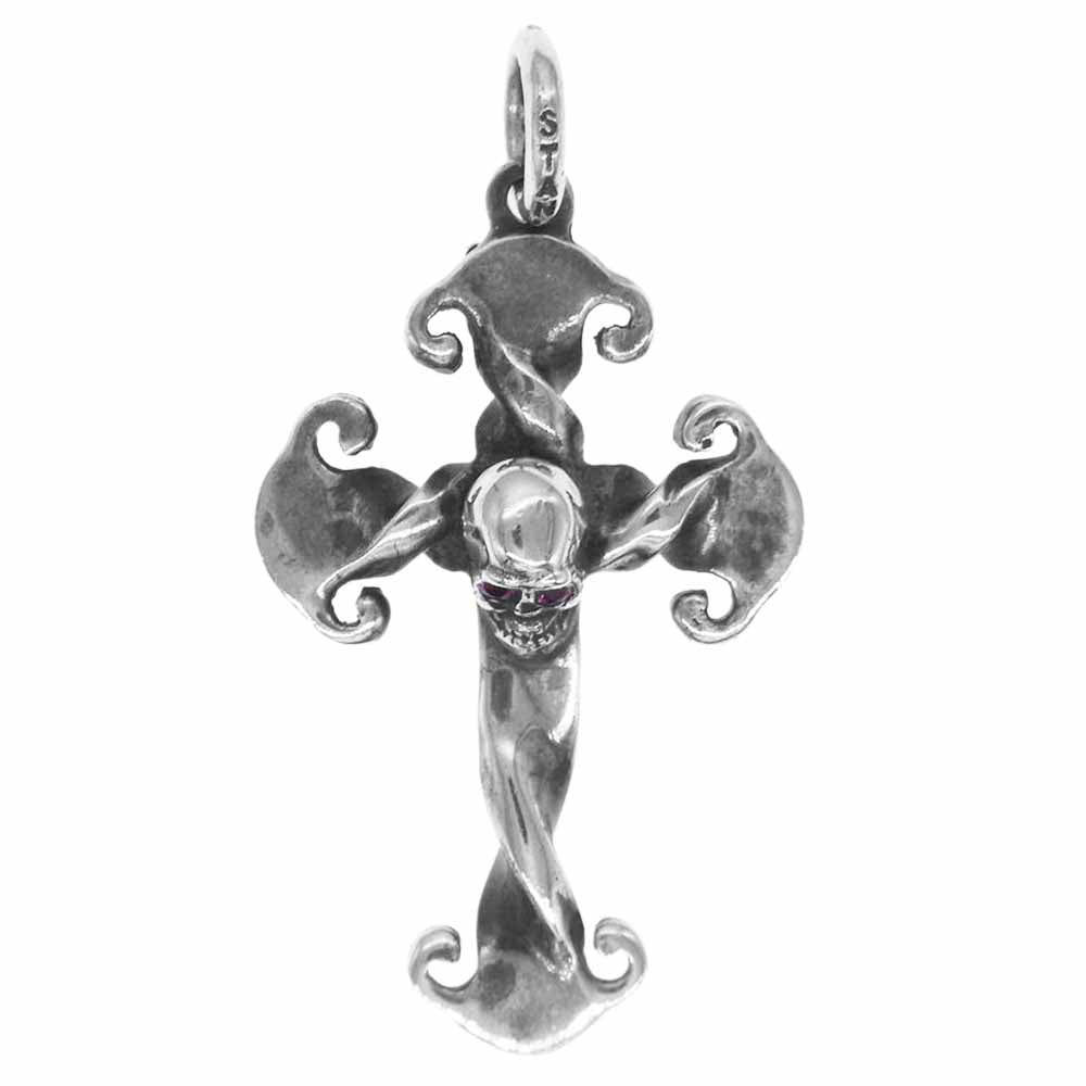 STANLEY GUESS スタンリーゲス ツイステッドクロス スカル ルビー 石付き ペンダントトップ シルバー系【中古】