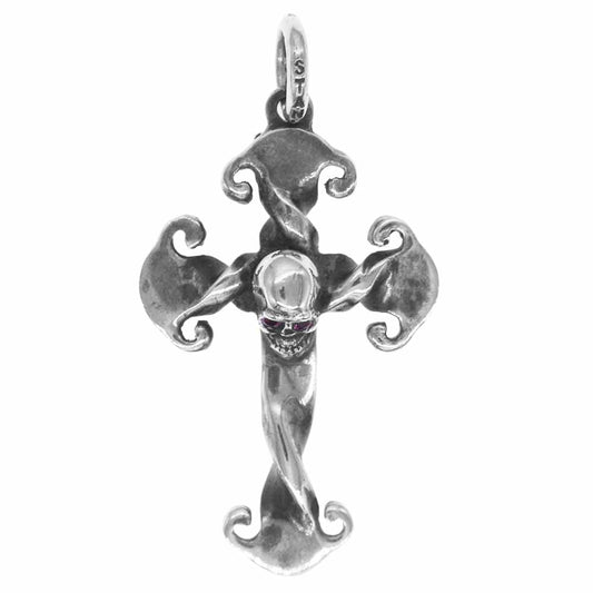 STANLEY GUESS スタンリーゲス ツイステッドクロス スカル ルビー 石付き ペンダントトップ シルバー系【中古】