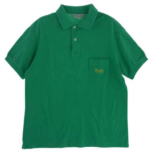 CELINE セリーヌ オールド 馬車 ロゴ刺繍 ポケット付き 半袖 ポロシャツ グリーン系 L【中古】