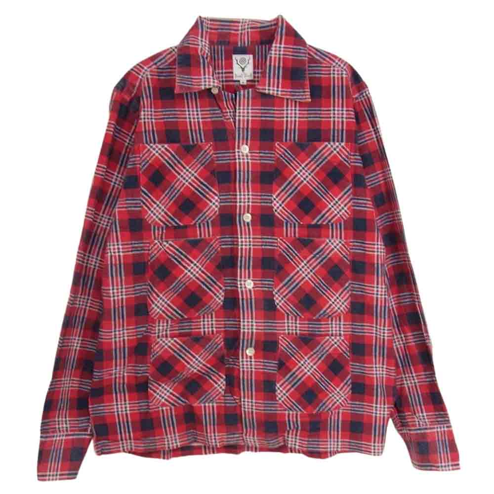 サウスツーウエスト 6ポケット オープンカラー フランネル チェック シャツ レッド系 S【中古】
