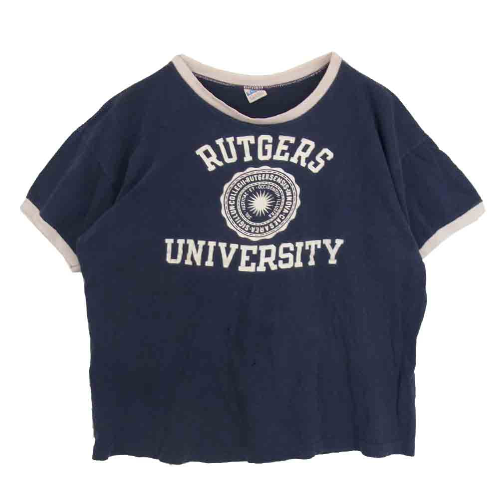 Champion チャンピオン ヴィンテージ 80s USA製 バータグ プリント 半袖 Tシャツ ネイビー系 L【中古】