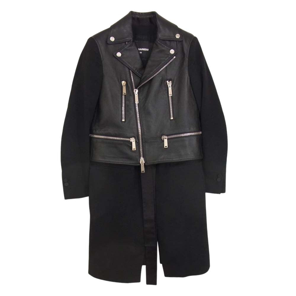 DSQUARED2 ディースクエアード S72AA0271 SX8131 イタリア製 ラムレザー 切替 ライダース レイヤード ジャケット コート ブラック系 38【中古】