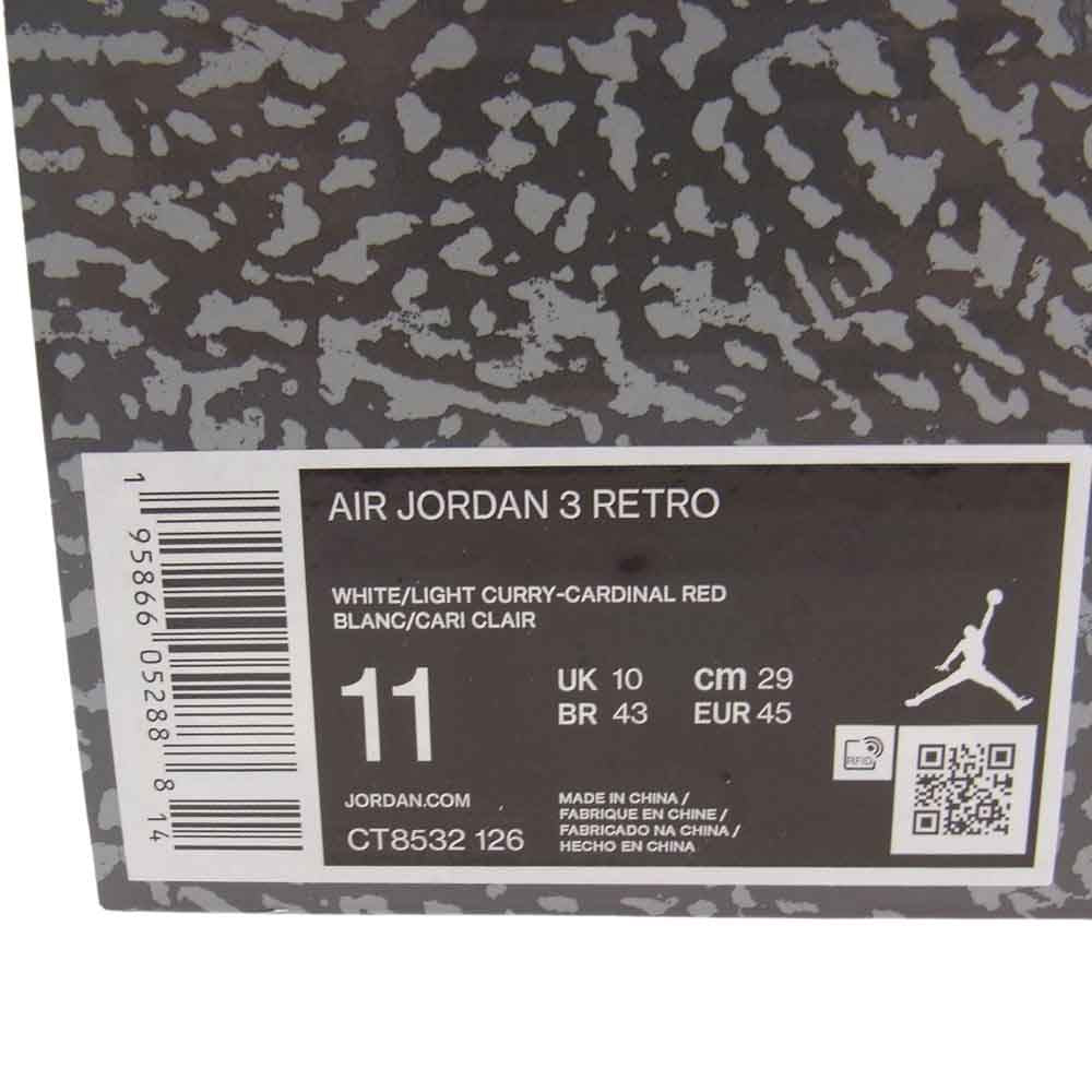 NIKE ナイキ CT8532 126 AIR JORDAN 3 RETRO CARDINAL RED エアジョーダン3 レトロ カーディナル レッド スニーカー ホワイト系 29.0cm【中古】