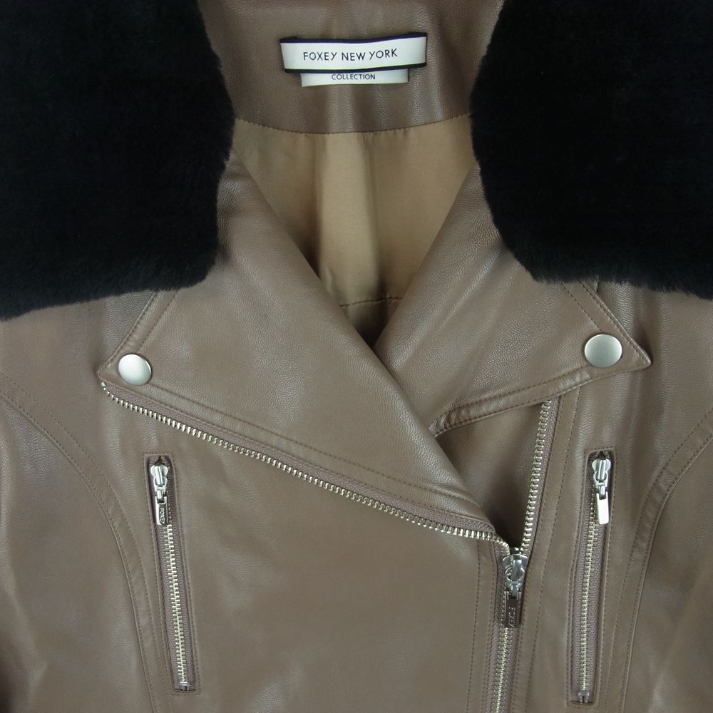 FOXEY フォクシー 36085-MAJFG105TN NEY YORK ニューヨーク 国内正規品 襟リアルムートン フェイクレザー ダブル ライダース ジャケット ブラック系 グレイッシュブラウン系 38【中古】