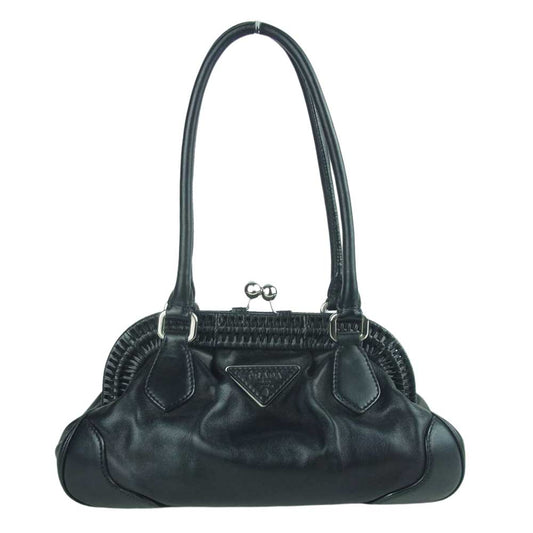 PRADA プラダ レザー がま口 ショルダー ハンド バッグ イタリア製 ブラック系【中古】
