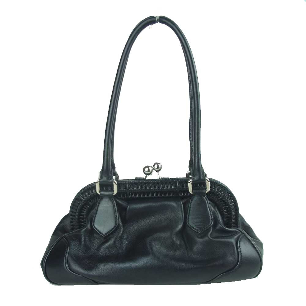 PRADA プラダ レザー がま口 ショルダー ハンド バッグ イタリア製 ブラック系【中古】