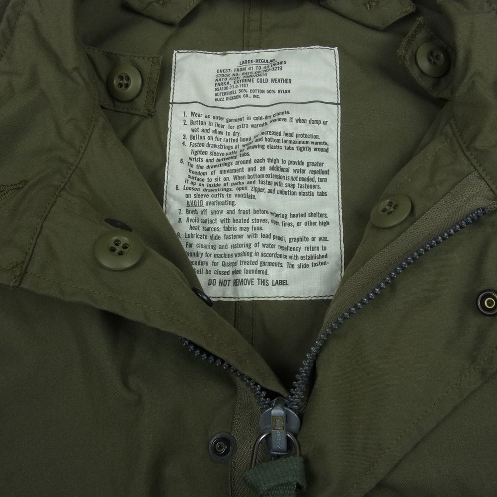 Buzz Rickson's バズリクソンズ BR14719 Type M-65 NO HOOD フィッシュテール ミリタリー コート オリーブ系 L【新古品】【未使用】【中古】