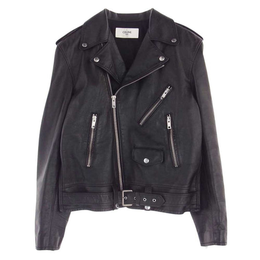 CELINE セリーヌ 2E158297D Biker Leather Jacket クラシック モーター バイカー レザー ダブル ライダース ジャケット ブラック系 50【中古】