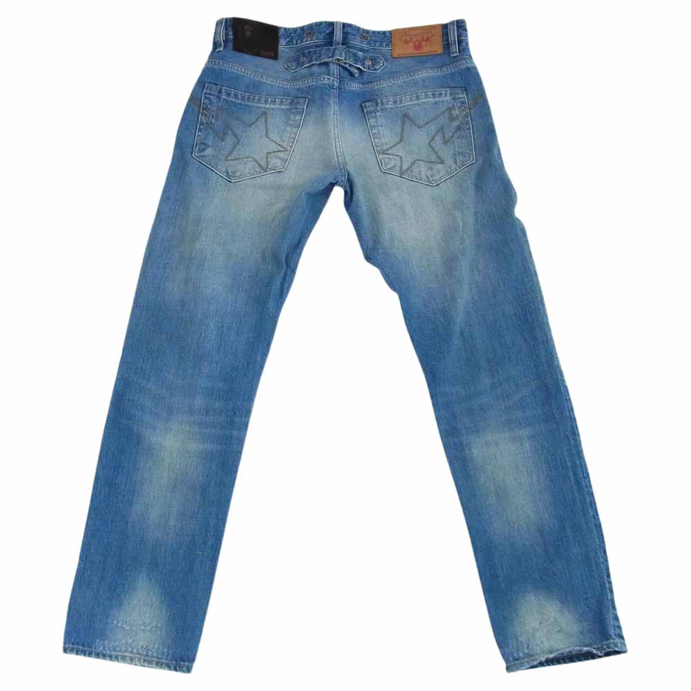 A BATHING APE アベイシングエイプ SLIM FIT DENIM JEANS スリム フィット デニム ジーンズ シンチバック スター刺繍 裏地カモ ダメージ加工 パンツ インディゴブルー系 L【中古】
