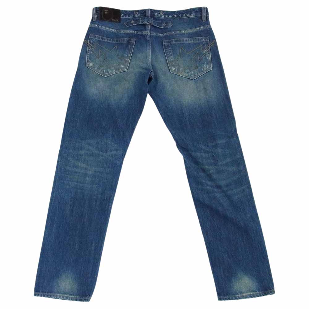 A BATHING APE アベイシングエイプ SLIM FIT DENIM JEANS スリム フィット デニム ジーンズ シンチバック スター刺繍 裏地カモ パンツ インディゴブルー系 L【中古】