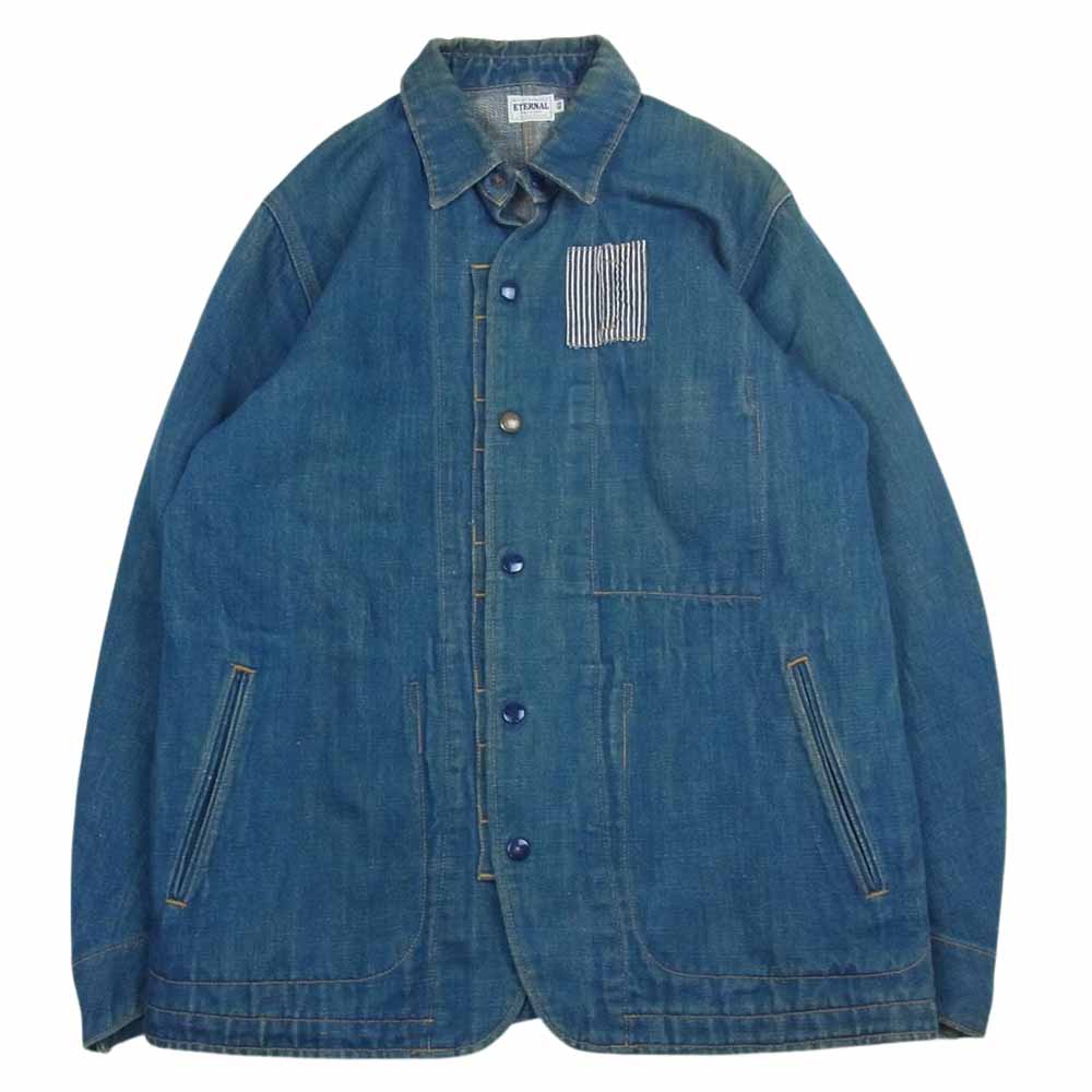 エターナル 64580 ヒッコリー ストライプ パッチワーク デニム カバーオール ワークジャケット インディゴブルー系 40【中古】