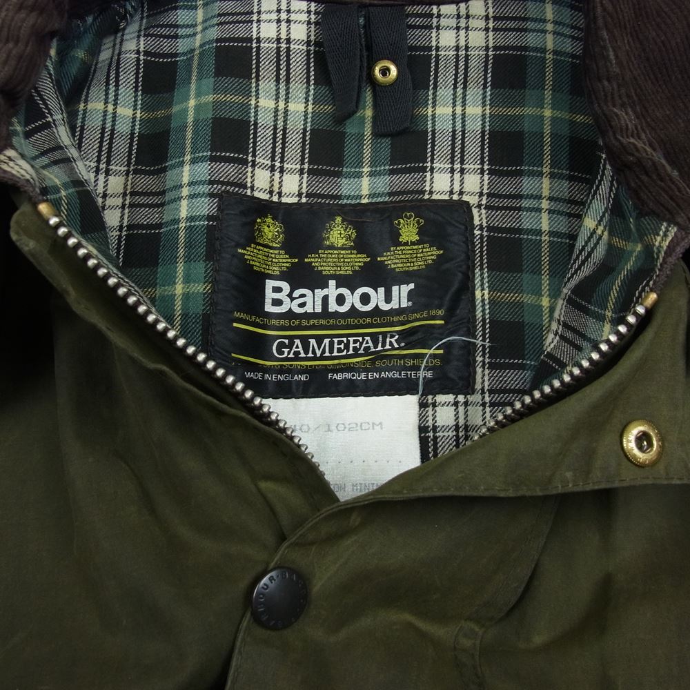 Barbour バブアー ヴィンテージ 90s 英国製 3ワラント GAMEFAIR ゲームフェア オイルド ジャケット カーキ系 C40/102cm【中古】