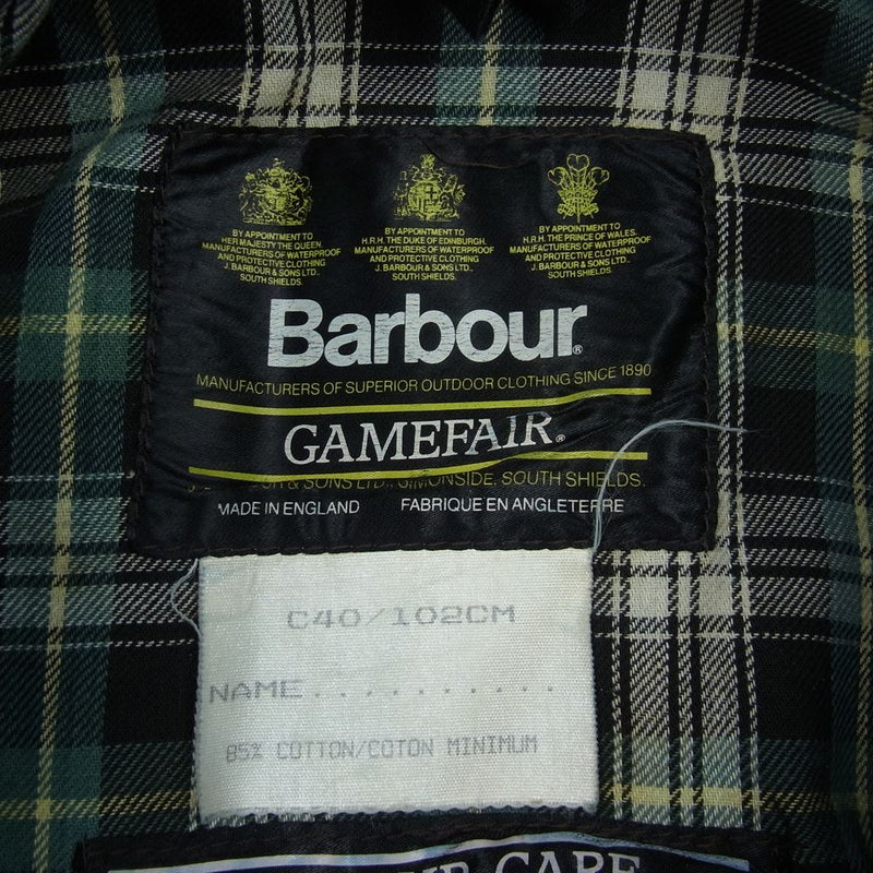 Barbour バブアー ヴィンテージ 90s 英国製 3ワラント GAMEFAIR ゲームフェア オイルド ジャケット カーキ系 C40/102cm【中古】