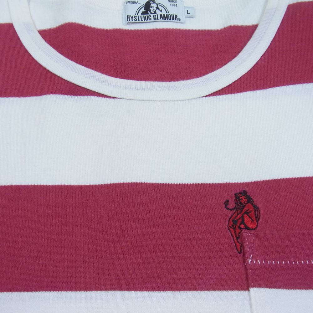 HYSTERIC GLAMOUR ヒステリックグラマー 0261CT17 DEVIL WOMAN 刺繍 ボーダー ポケット 半袖 Tシャツ ホワイト系 ワインレッド系 L【中古】