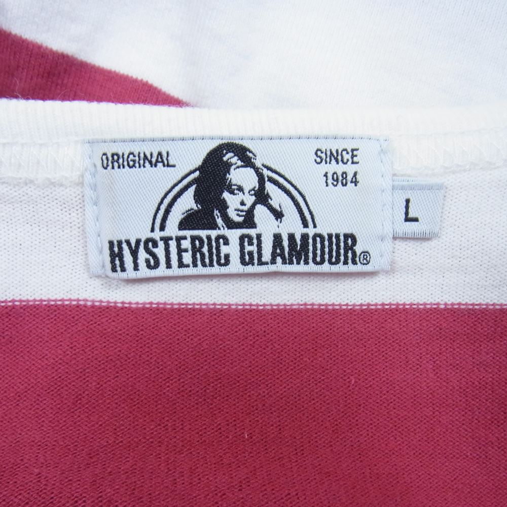 HYSTERIC GLAMOUR ヒステリックグラマー 0261CT17 DEVIL WOMAN 刺繍 ボーダー ポケット 半袖 Tシャツ ホワイト系 ワインレッド系 L【中古】