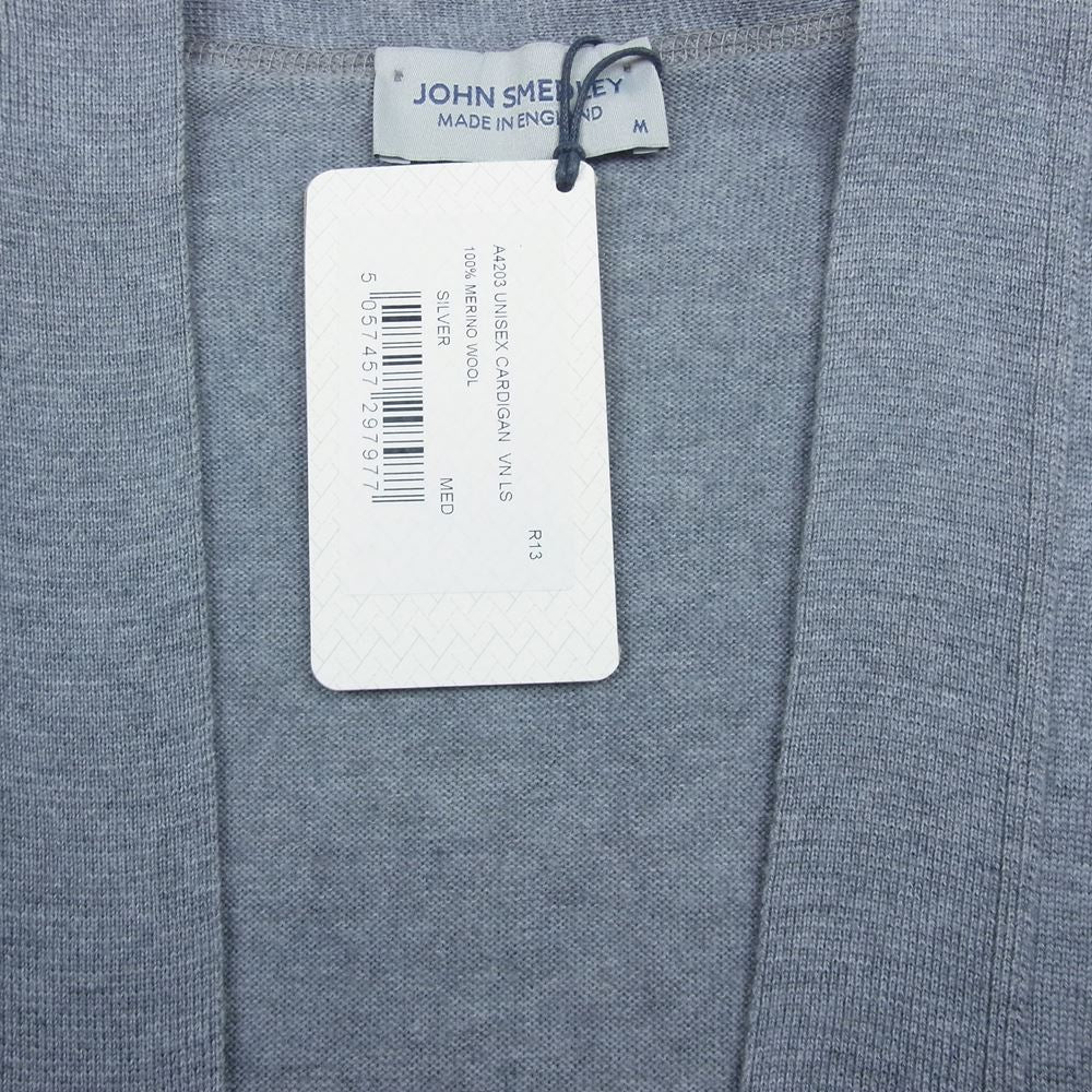 JOHN SMEDLEY ジョンスメドレー A4203 英国製 MERINO WOOL UNISEX CARDIGAN メリノウール ボタンレス ノーカラー カーディガン グレー系 M【美品】【中古】