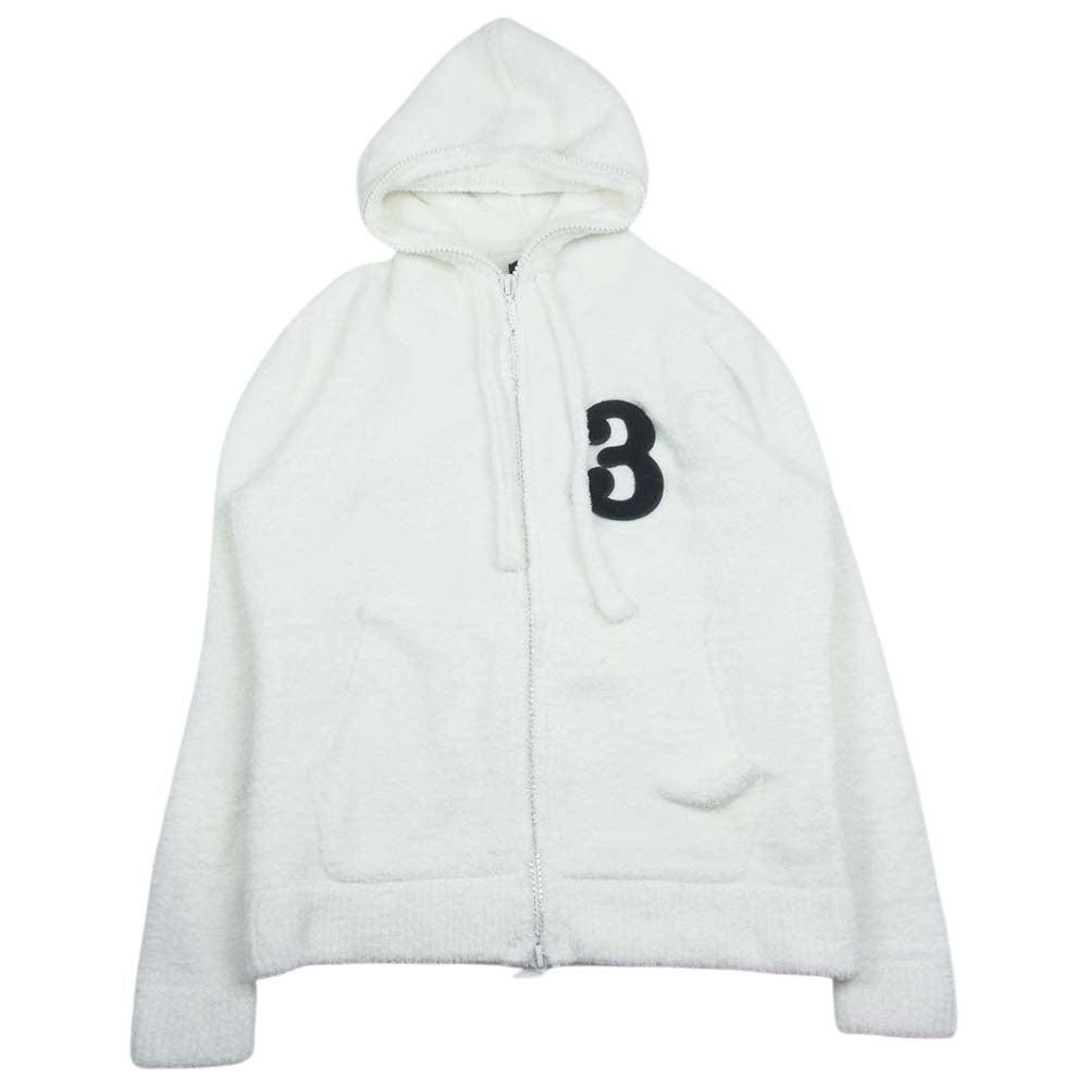 1piu1uguale3 ウノピュウノウグァーレトレ ダブルジップ ラインストーンジップ バック ビッグロゴ パイル パーカー ホワイト系 M【中古】