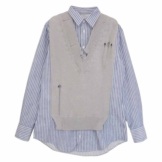 MAISON MARGIELA メゾンマルジェラ 1ライン 22SS S51DL0394 S54773 Holy trinity ダメージ加工 ニット ドッキング ストライプ 長袖 シャツ グレー系 36【美品】【中古】