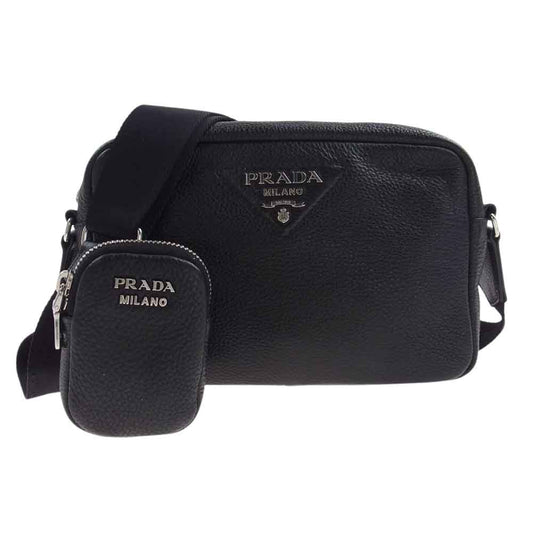 PRADA プラダ 1BH182 VITTELO DAINO SOFT ミニポーチ付 レザー ショルダー バッグ 三角ロゴ ブラック系【中古】