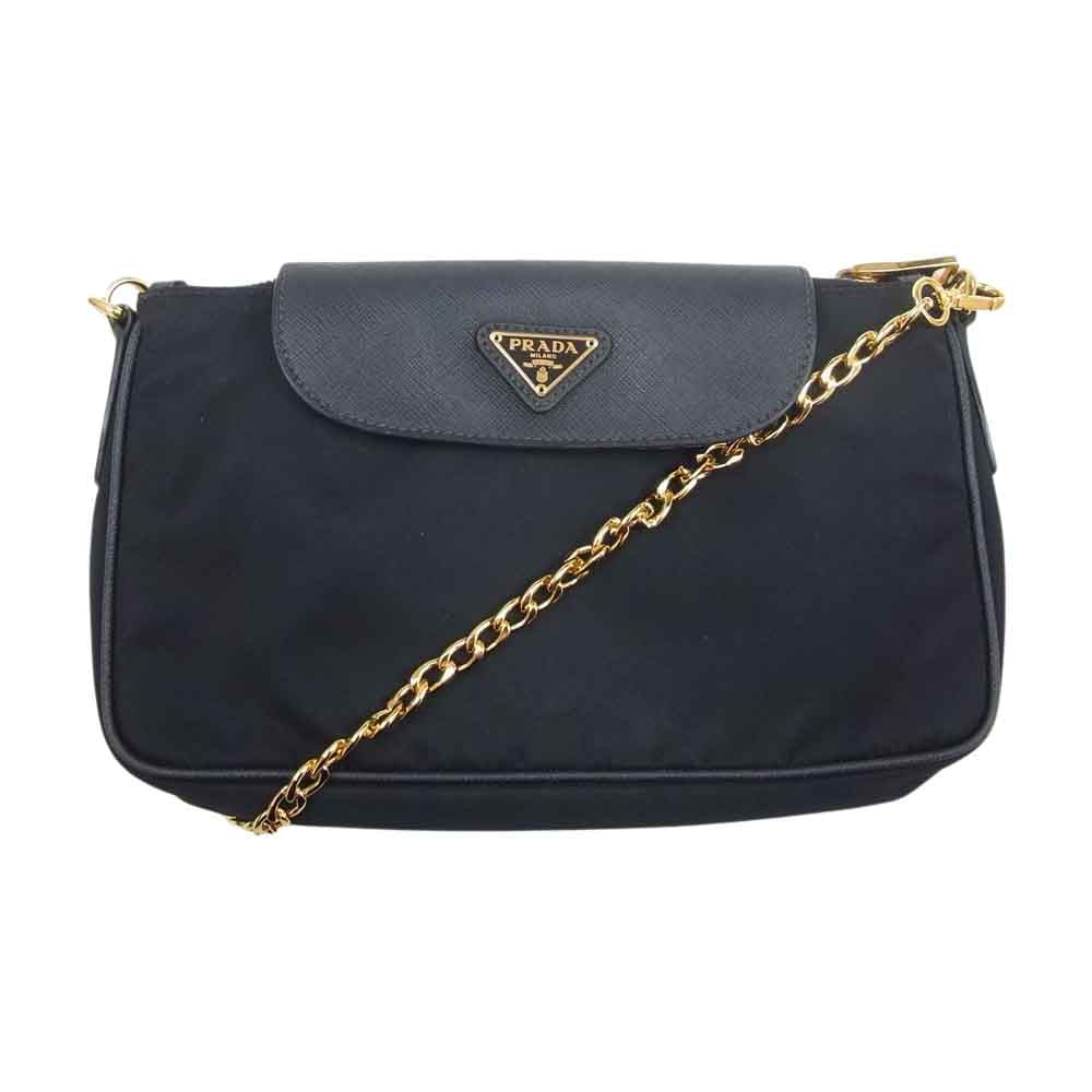 PRADA プラダ サフィアーノ ナイロン チェーン ショルダー バッグ ブラック系【中古】