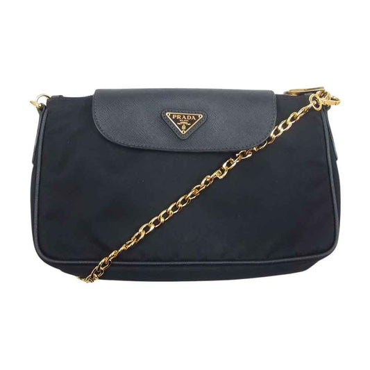 PRADA プラダ サフィアーノ ナイロン チェーン ショルダー バッグ ブラック系【中古】