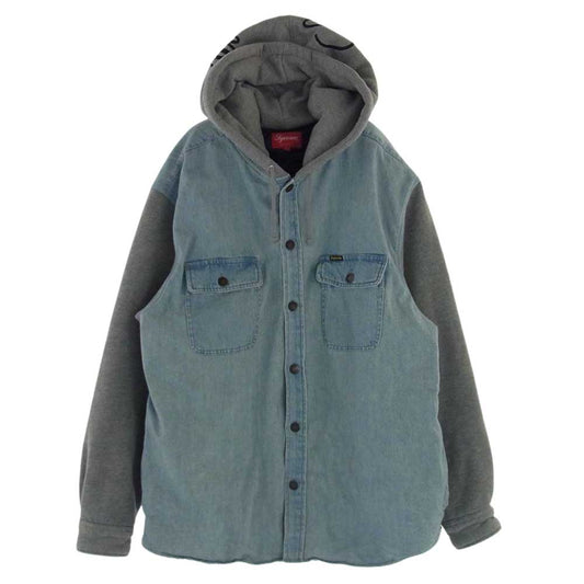 Supreme シュプリーム 22AW Fleece Hooded Denim Shirt フーデッド デニムシャツ インディゴブルー系 グレー系 L【中古】